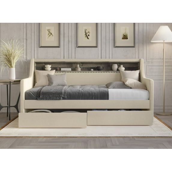 Home Design Brianna Twin Daybed with Upholstered Frame, Nailhead Trim, Built-In Storage with Two Drawers, Stylish Seating and Sleeping Solution, Beige