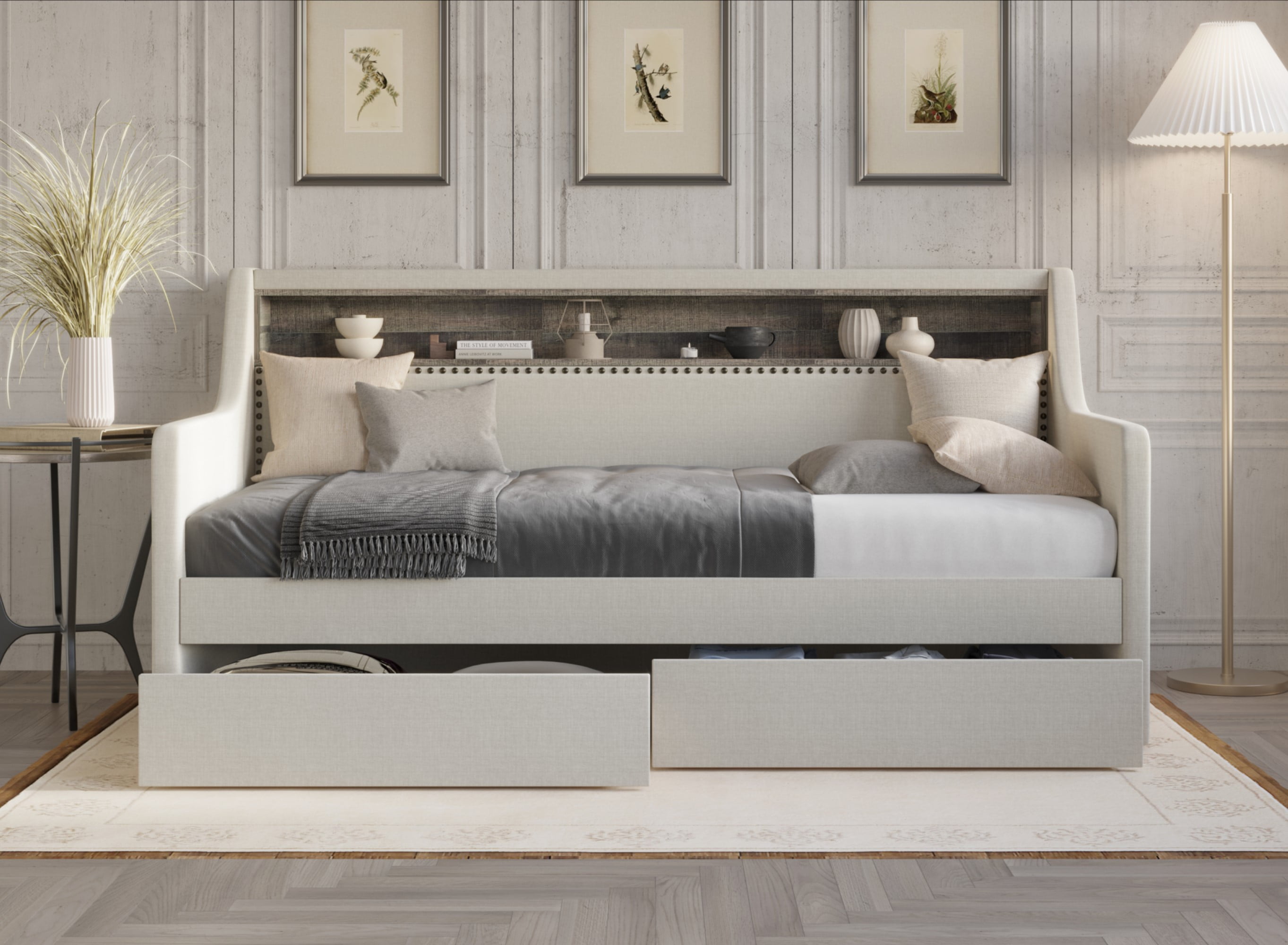 Home Design Brianna Twin Daybed with Upholstered Frame, Nailhead Trim, Built-In Storage with Two Drawers, Stylish Seating and Sleeping Solution, Warm Gray