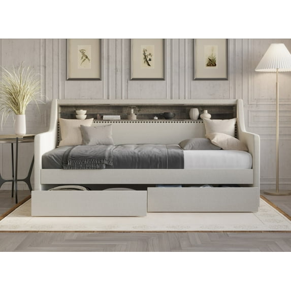 Home Design Brianna Twin Daybed with Upholstered Frame, Nailhead Trim, Built-In Storage with Two Drawers, Stylish Seating and Sleeping Solution, Warm Gray