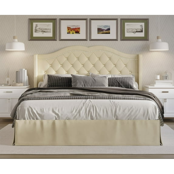 Home Design Bruce Full Tufted Upholstered Platform Bed Frame with Wingback Headboard and Nailhead Trim, Beige, Easy Assembly