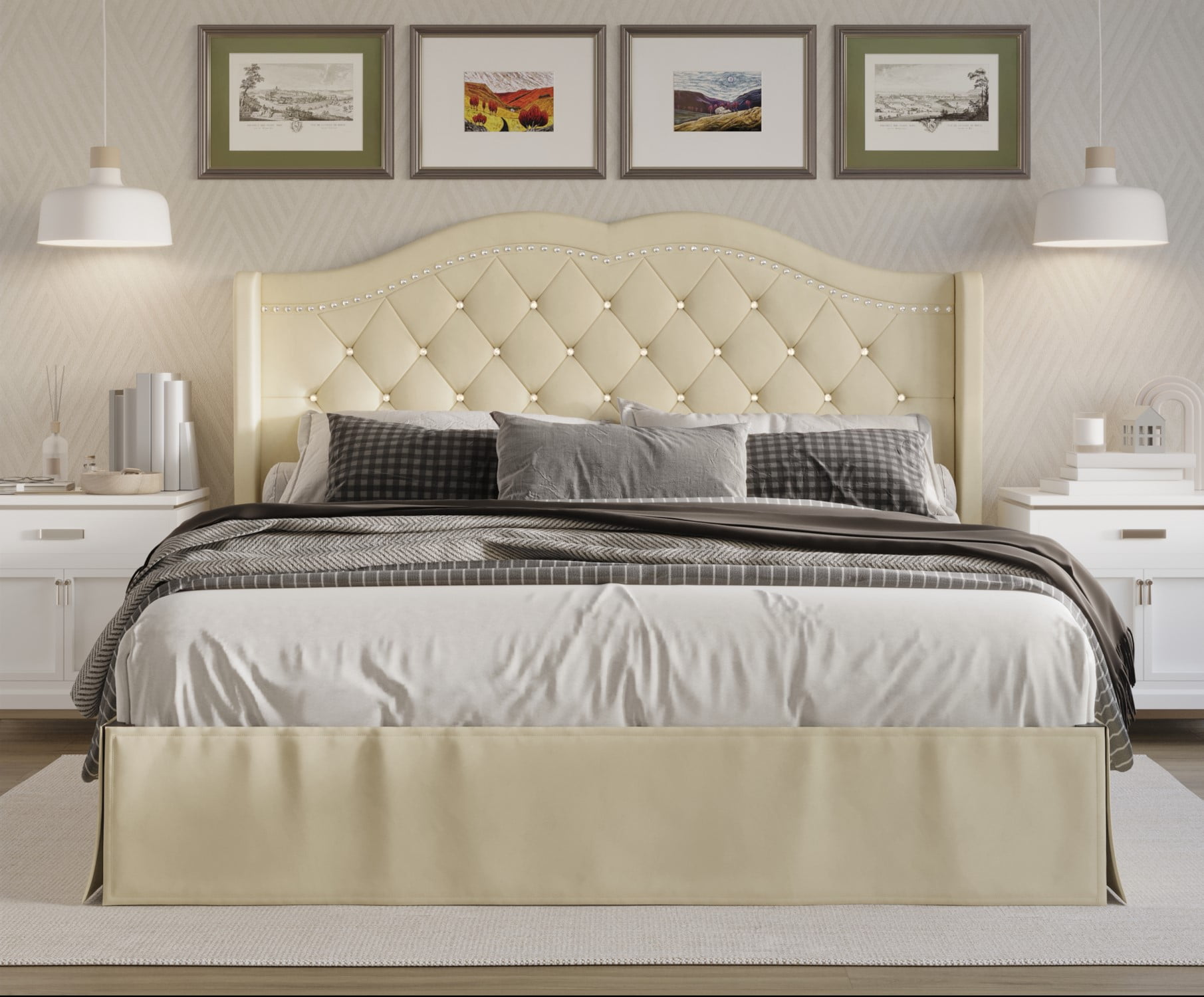 Home Design Bruce King Tufted Upholstered Platform Bed Frame with Wingback Headboard and Nailhead Trim, Beige, Easy Assembly