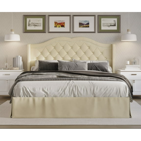 Home Design Bruce King Tufted Upholstered Platform Bed Frame with Wingback Headboard and Nailhead Trim, Beige, Easy Assembly