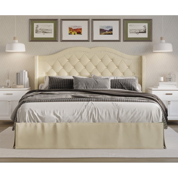 Home Design Bruce Twin Tufted Upholstered Platform Bed Frame with Wingback Headboard and Nailhead Trim, Beige, Easy Assembly