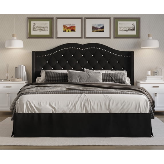 Home Design Bruce Queen Tufted Upholstered Platform Bed Frame with Wingback Headboard and Nailhead Trim, Black, Easy Assembly
