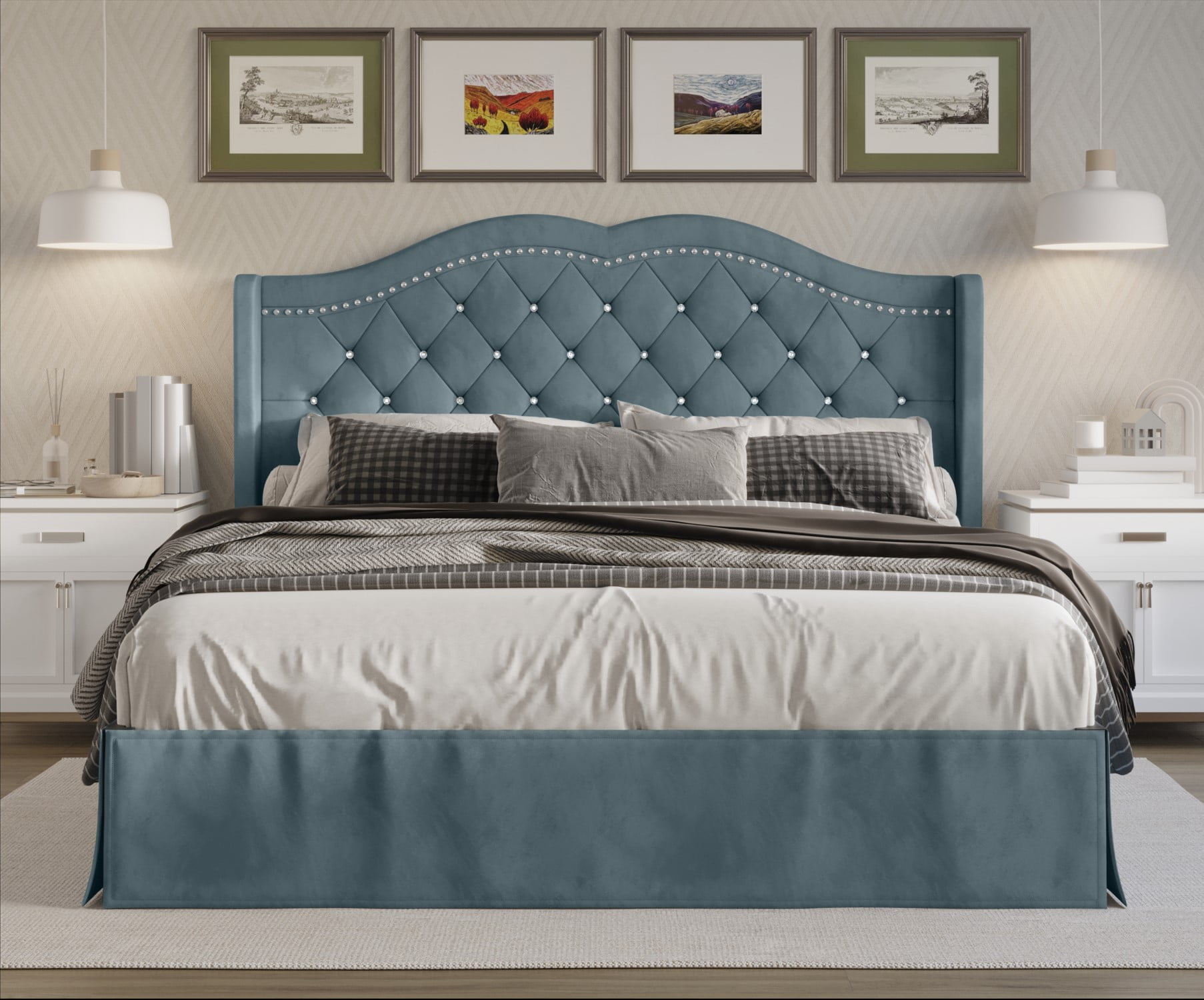 Home Design Bruce King Tufted Upholstered Platform Bed Frame with Wingback Headboard and Nailhead Trim, Blue, Easy Assembly