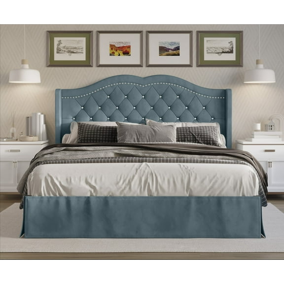 Home Design Bruce King Tufted Upholstered Platform Bed Frame with Wingback Headboard and Nailhead Trim, Blue, Easy Assembly