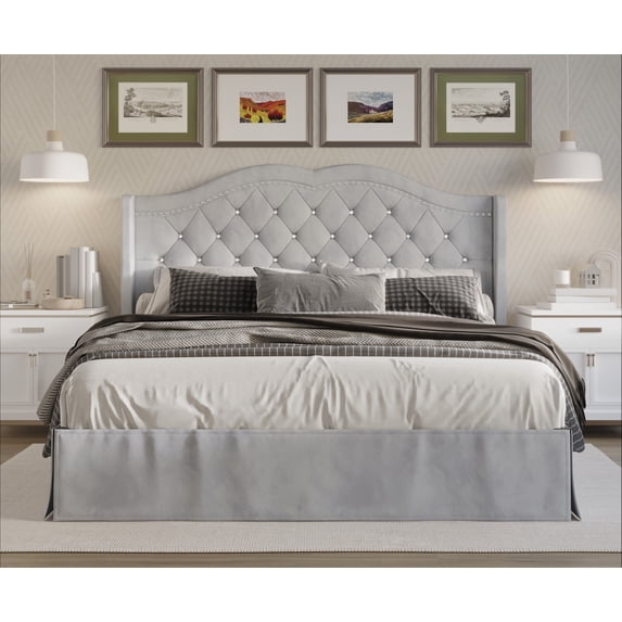 Home Design Bruce Queen Tufted Upholstered Platform Bed Frame with Wingback Headboard and Nailhead Trim, Silver Gray, Easy Assembly