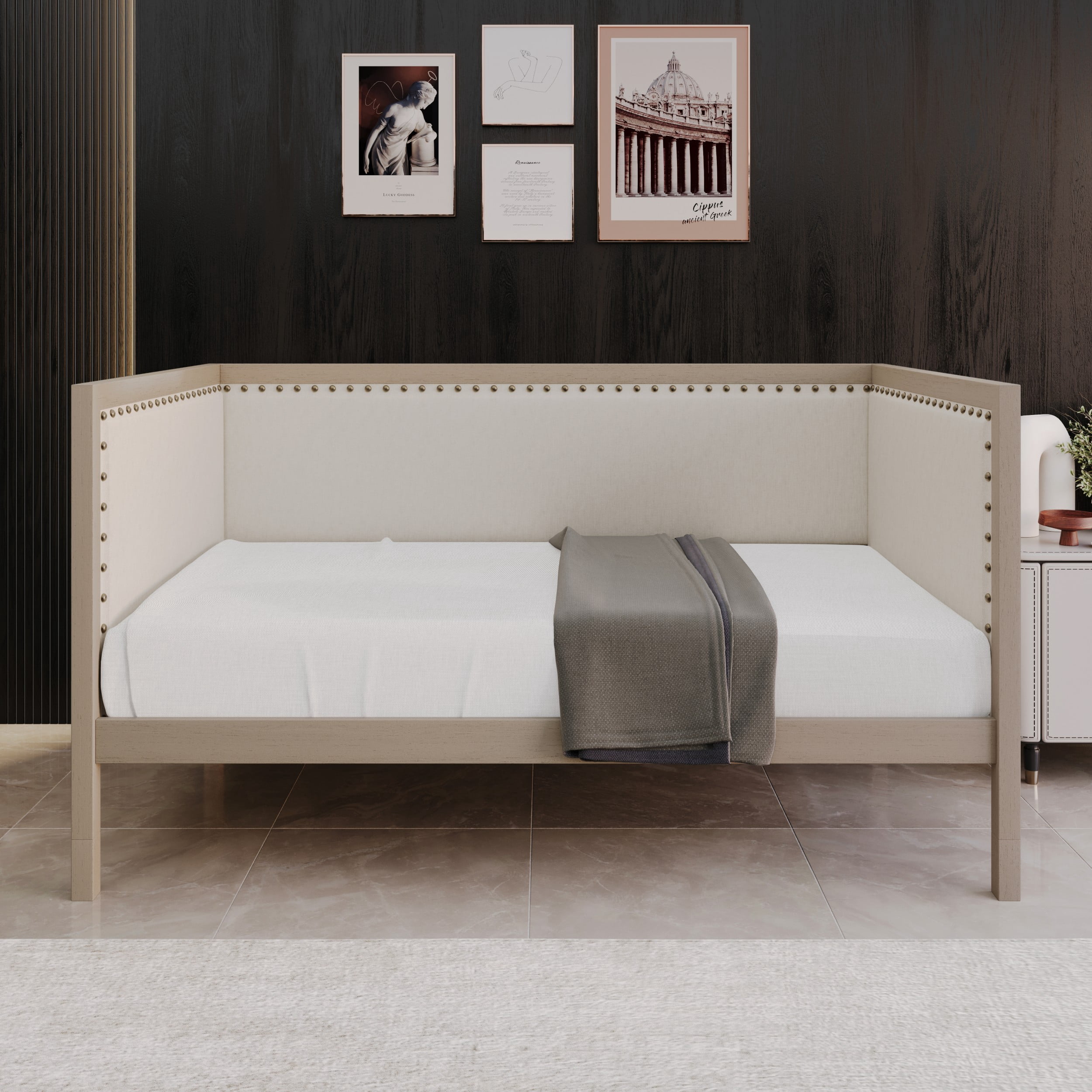 Home Design Cairo Twin Daybed with Upholstered Frame, Plush Foam Padding, Brass Nailhead Trim, Durable Construction, Stylish Seating and Sleeping Solution, Gray/Warm Gray