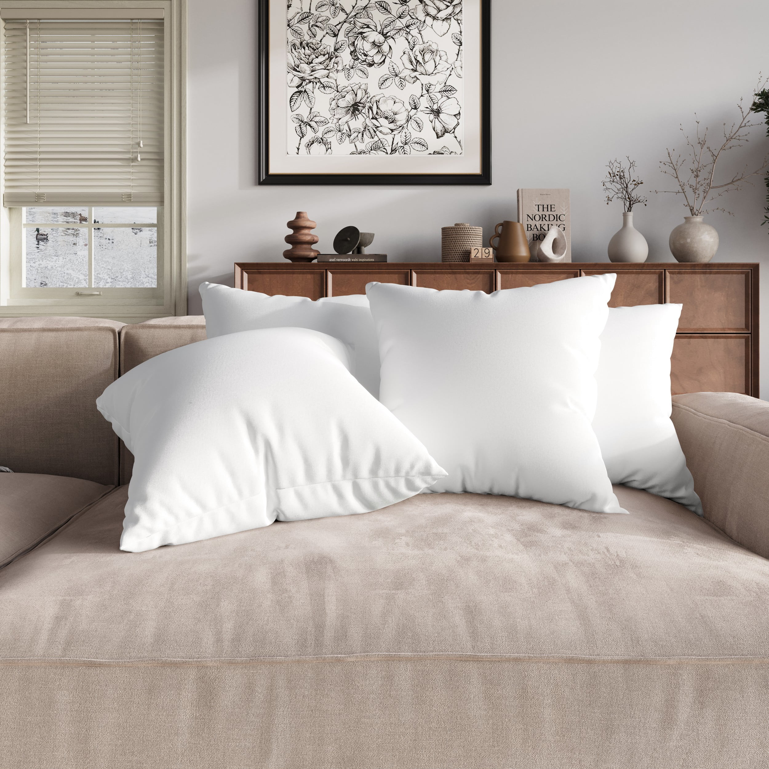 Home Design Calais Square Throw Pillow Inserts 20x20 Inch, Set of 4, Bedroom & Couch, Soft Decorative Pillow Insert, White