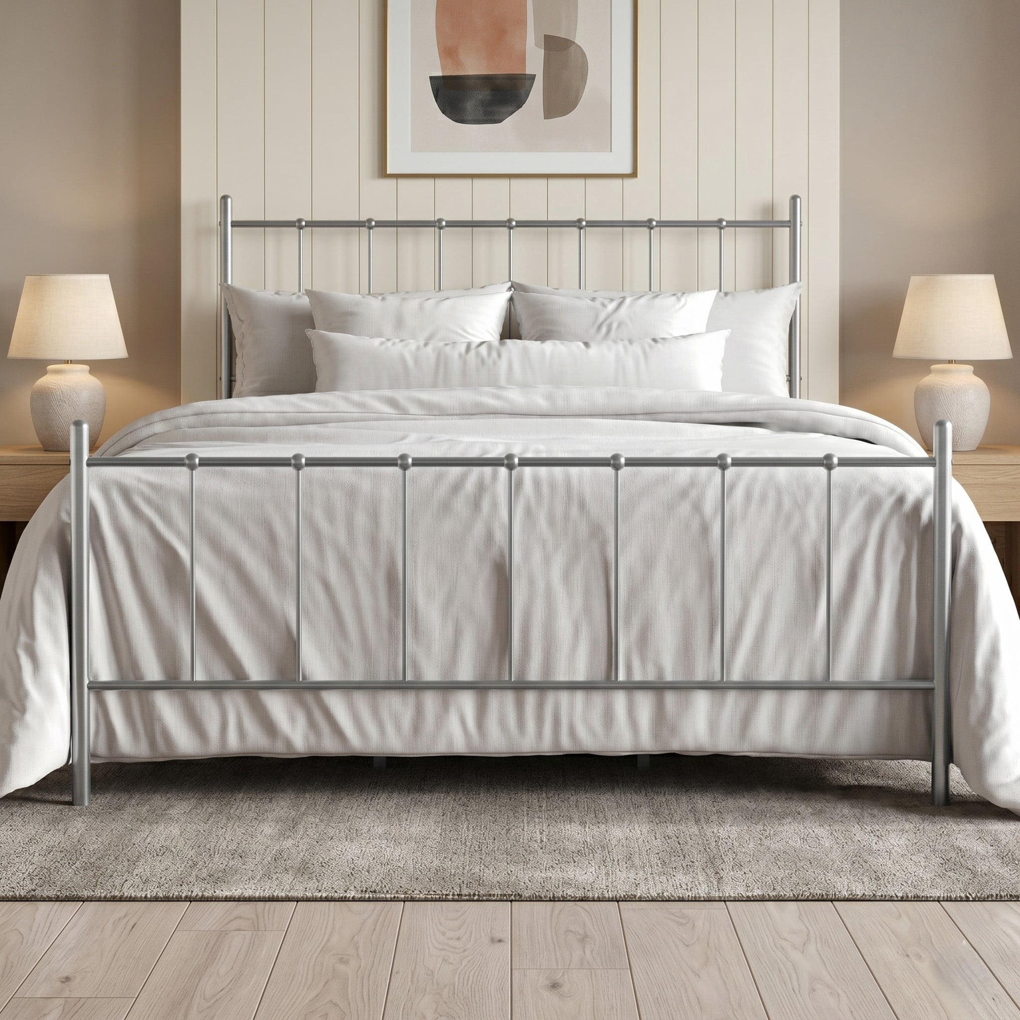 Home Design Calhoun Classic Queen Metal Bed, Sturdy Platform Frame with Decorative Headboard & Footboard, Sliver Gray