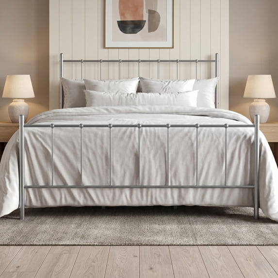Home Design Calhoun Classic Queen Metal Bed, Sturdy Platform Frame with Decorative Headboard & Footboard, Sliver Gray
