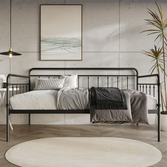Home Design Cara Twin Daybed with Metal Frame, Openwork Design, Slender Spindles, Durable and Stylish for Bedroom or Guest Room, Black