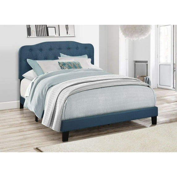 Home Design Carmel Upholstered Twin Panel Bed Frame with Curved Tufted Headboard and Padded Seat, Blue, Easy assembly