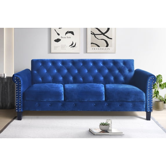 Home Design Casper Velvet Rolled Arm Sofa with Foam-Filled Cushions, Silver-Tone Nailhead Trim, Modern Upholstered Design for Living Room, Navy Blue