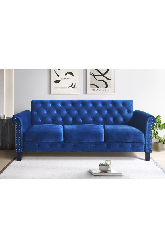 Casper Velvet Rolled Arm Sofa with Foam-Filled Cushions, Silver-Tone Nailhead Trim, Modern Upholstered Design for Living Room, Navy Blue