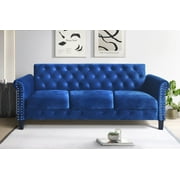 Home Design Casper Velvet Rolled Arm Sofa with Foam-Filled Cushions, Silver-Tone Nailhead Trim, Modern Upholstered Design for Living Room, Navy Blue