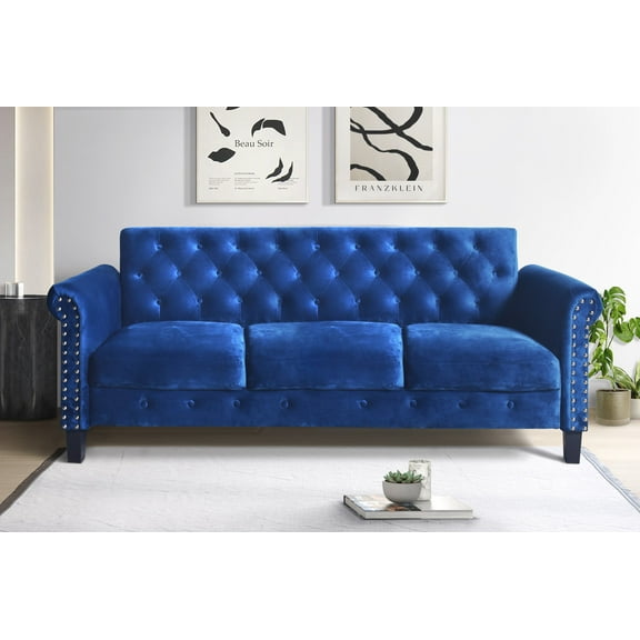 Home Design Casper Velvet Rolled Arm Sofa with Foam-Filled Cushions, Silver-Tone Nailhead Trim, Modern Upholstered Design for Living Room, Navy Blue