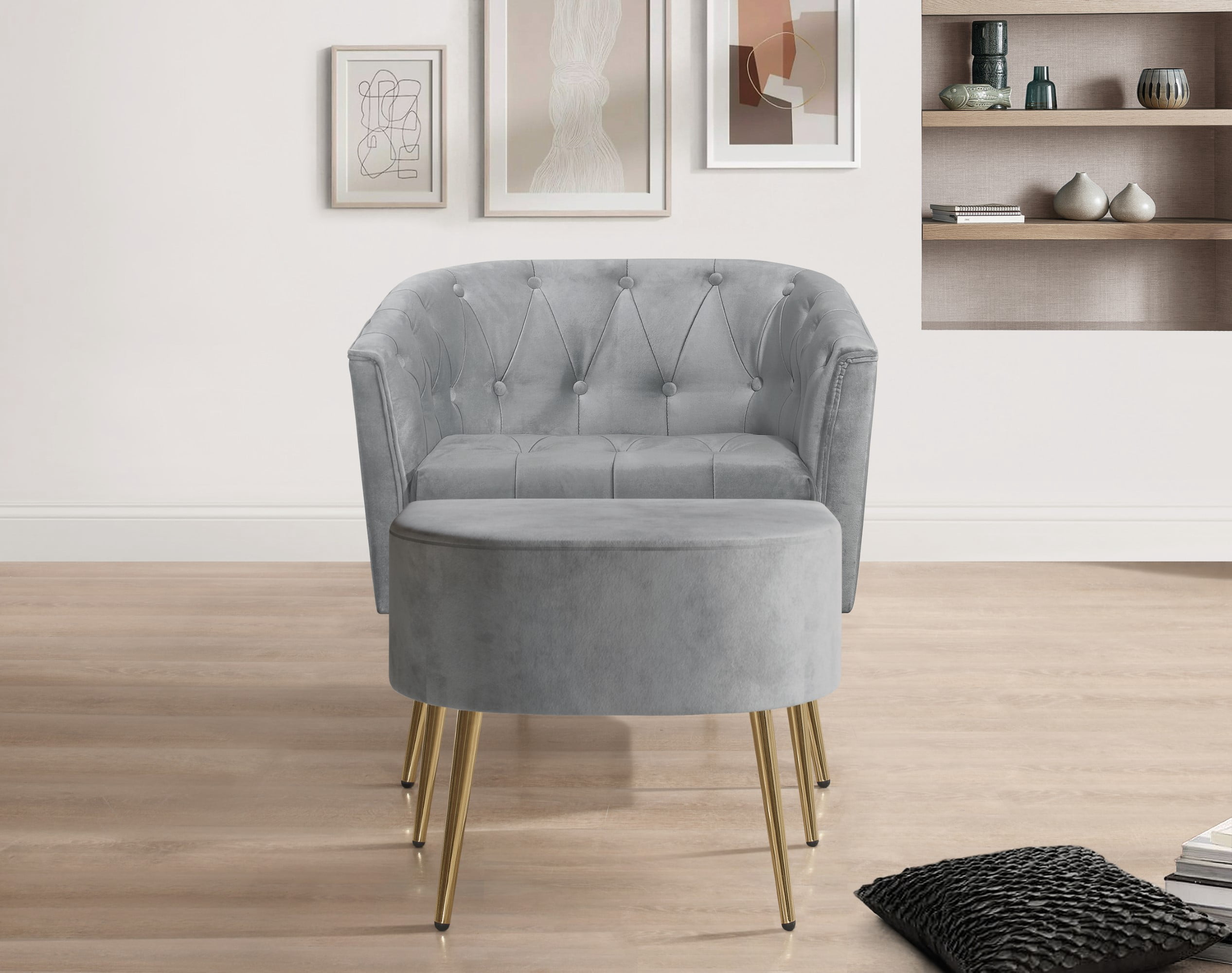 Home Design Cassy Tufted Velvet Flared Arm Chair with Ottoman Stool, Gold Metal Legs and Modern Accent Seating