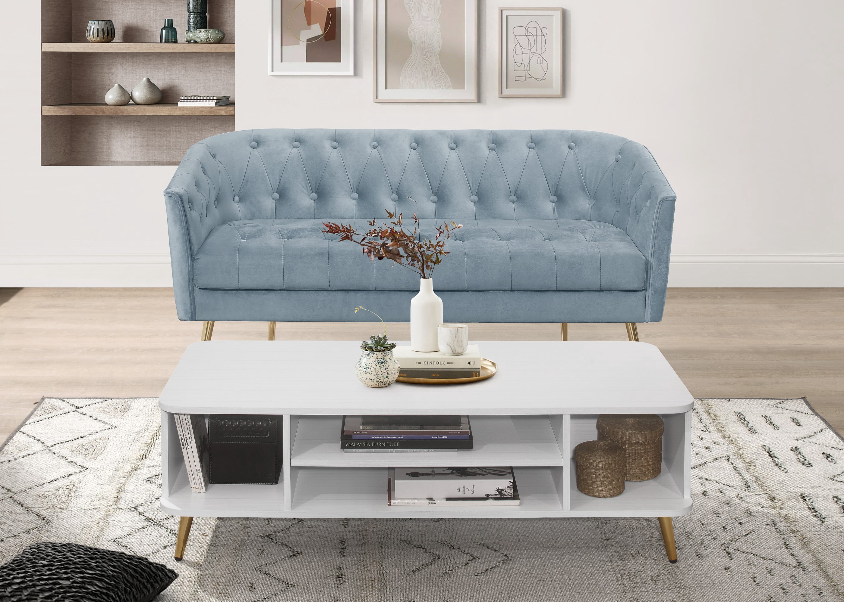 Home Design Cassy Velvet Flared Arm Loveseat with Coffee Table, Gold Metal Legs and Modern Accent Seating