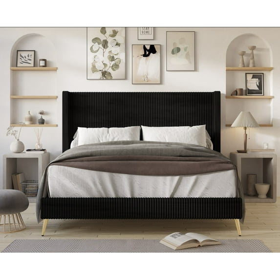 Home Design Chester Queen Upholstered Platform Bed Frame with Wingback Headboard and Channel Tufting, Black, Easy Assembly