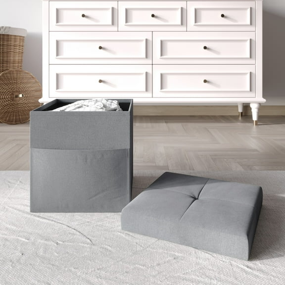 Home Design Chico 12" Tufted Upholstered Folding Storage Bench with Deep Cushion and Front Pocket, Multi-Purpose Rectangular Design for Bedroom, Entryway, or Living Room, Dark Gray