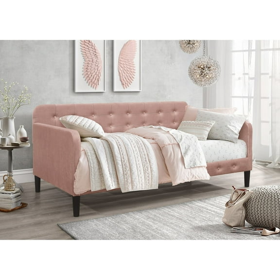 Home Design Chloe Twin Daybed with Velvet Upholstery, Button-Tufted Back, Stylish Versatile Seating and Sleeping Solution for Bedroom or Living Room, Pink