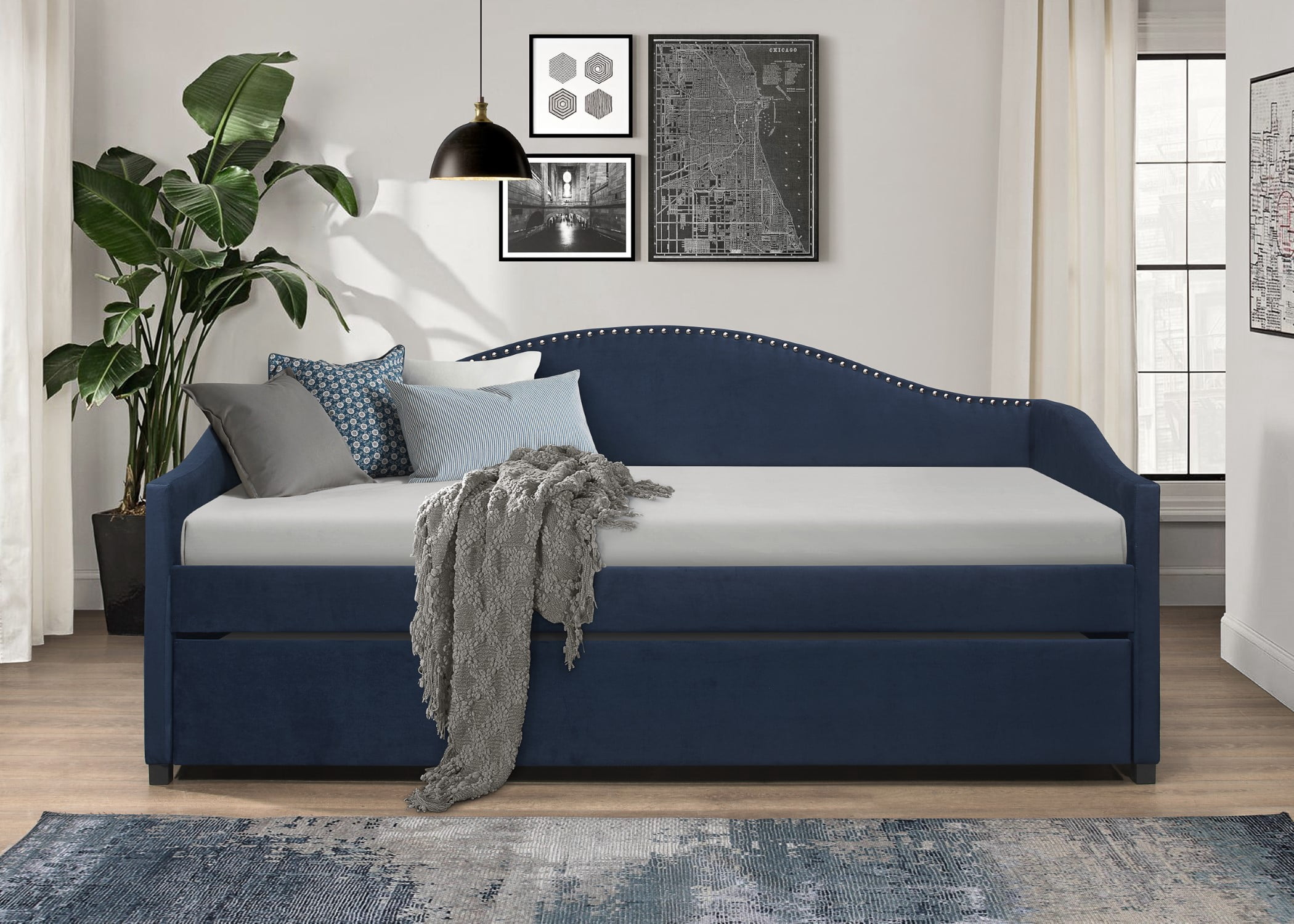 Home Design Clanton Twin Daybed with Pull-Out Trundle, Polyester Upholstery, Nailhead Trim, French Country Design, Stylish and Practical for Living Room or Guest Room, Blue