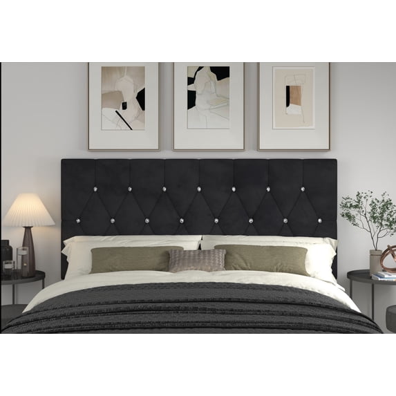 Home Design Concetta Full Tufted Upholstered Adjustable Headboard, Black, Velvet with Diamond Button Tufting, Modern Bedroom Furniture