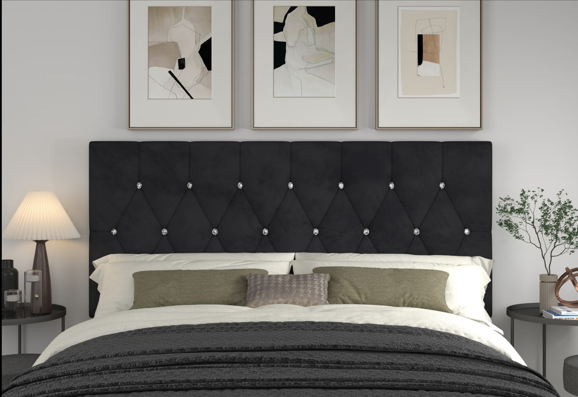 Home Design Concetta Twin Tufted Upholstered Adjustable Headboard, Black, Velvet with Diamond Button Tufting, Modern Bedroom Furniture
