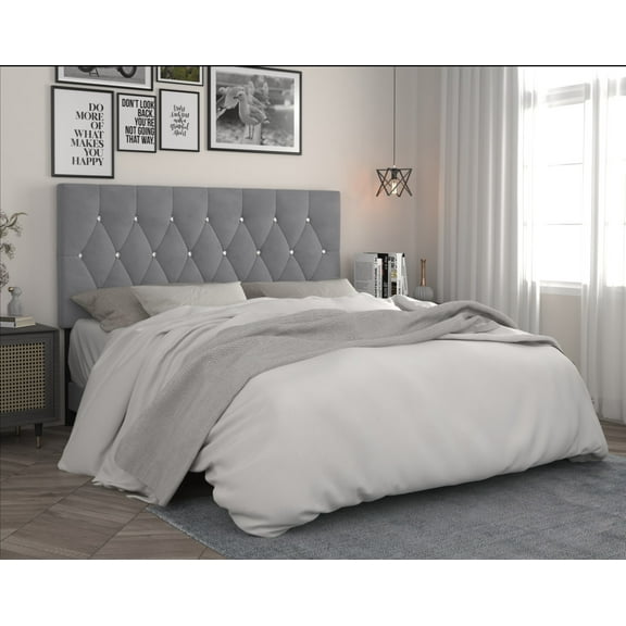 Home Design Concetta Twin Tufted Upholstered Adjustable Headboard, Silver Gray, Velvet with Diamond Button Tufting, Modern Bedroom Furniture