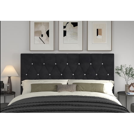 Home Design Concetta King Tufted Upholstered Adjustable Headboard, Black, Velvet with Diamond Button Tufting, Modern Bedroom Furniture