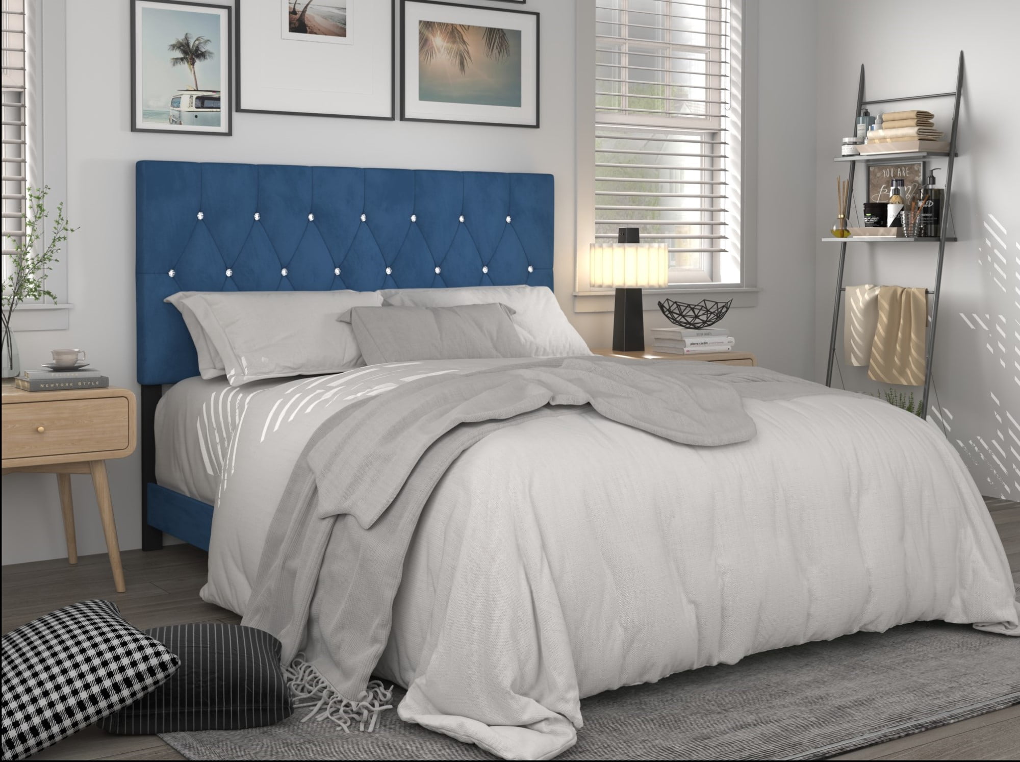 Home Design Concetta Full Tufted Upholstered Adjustable Headboard, Blue, Velvet with Diamond Button Tufting, Modern Bedroom Furniture