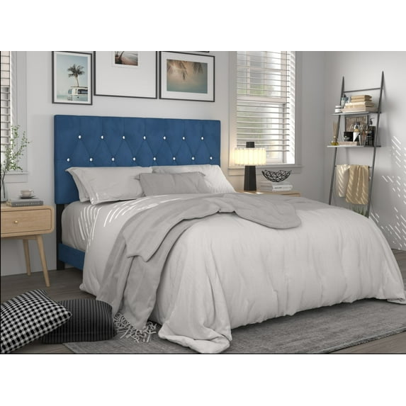 Home Design Concetta Full Tufted Upholstered Adjustable Headboard, Blue, Velvet with Diamond Button Tufting, Modern Bedroom Furniture