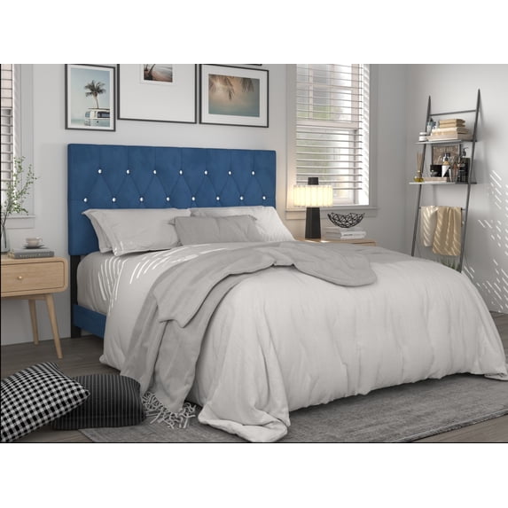 Home Design Concetta Queen Tufted Upholstered Adjustable Headboard, Blue, Velvet with Diamond Button Tufting, Modern Bedroom Furniture