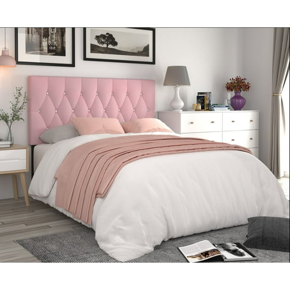 Home Design Concetta Full Tufted Upholstered Adjustable Headboard, Pink, Velvet with Diamond Button Tufting, Modern Bedroom Furniture