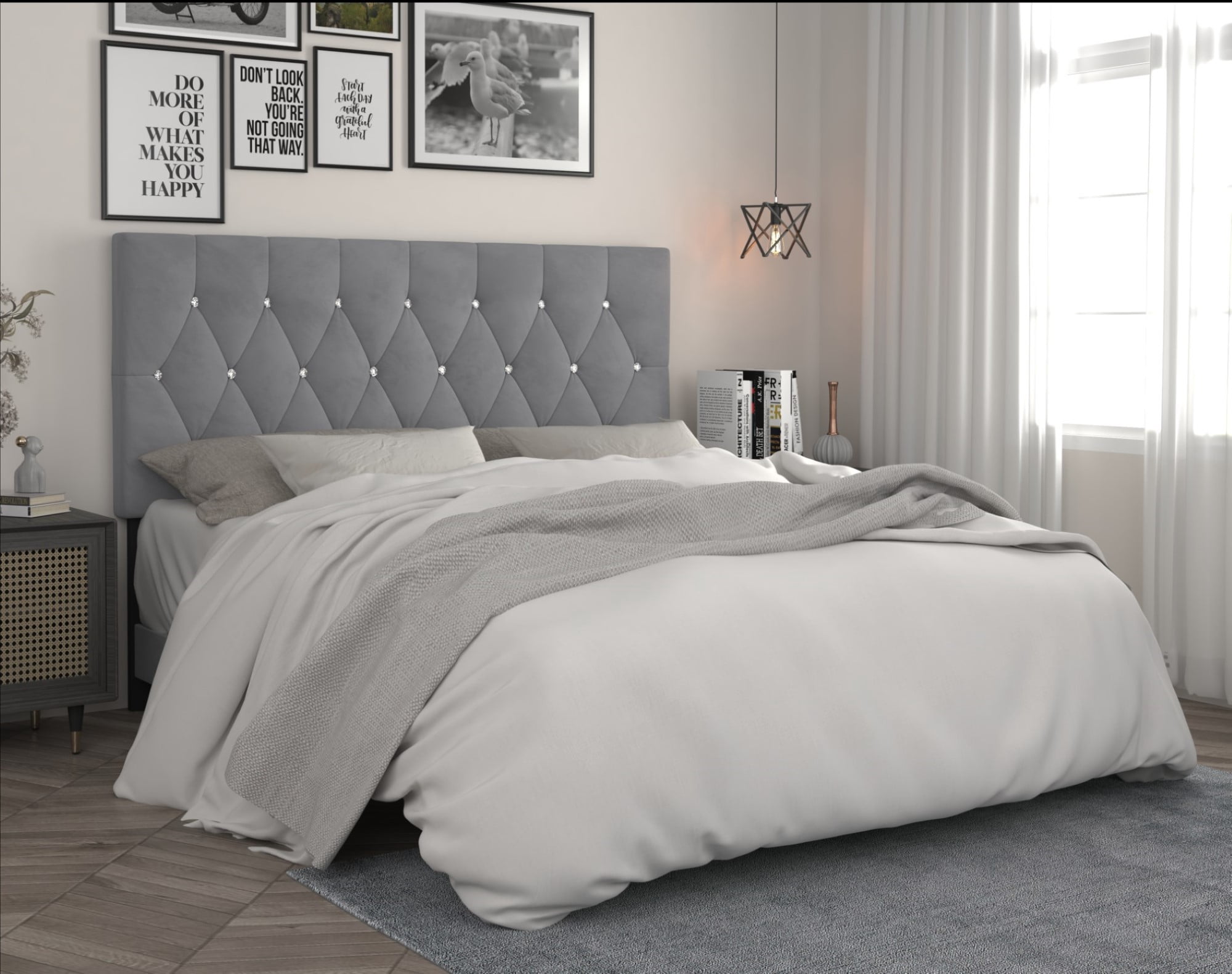 Home Design Concetta Queen Tufted Upholstered Adjustable Headboard, Silver Gray, Velvet with Diamond Button Tufting, Modern Bedroom Furniture