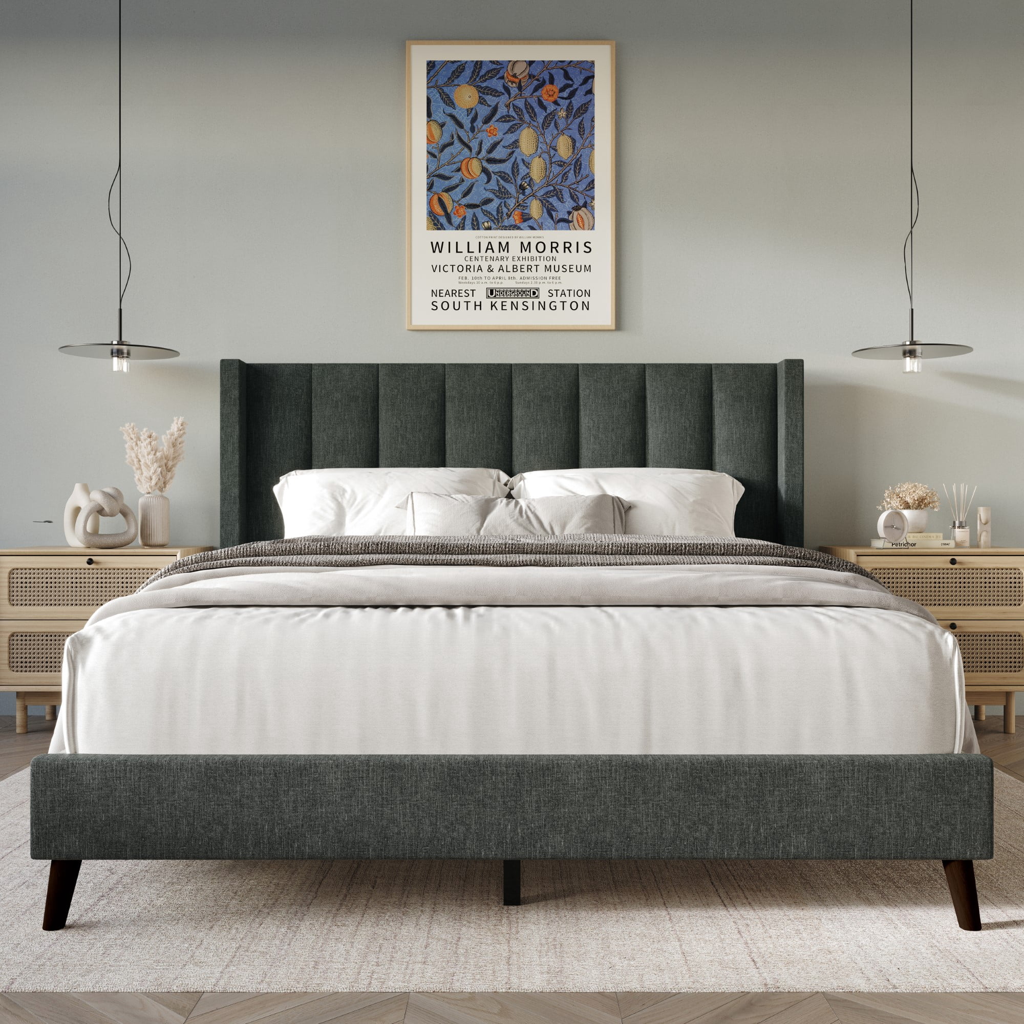 Home Design Cranston Full Upholstered Panel Bed with Wingback Headboard and Vertical Channel Tufting, Charcoal Gray, Easy Assembly