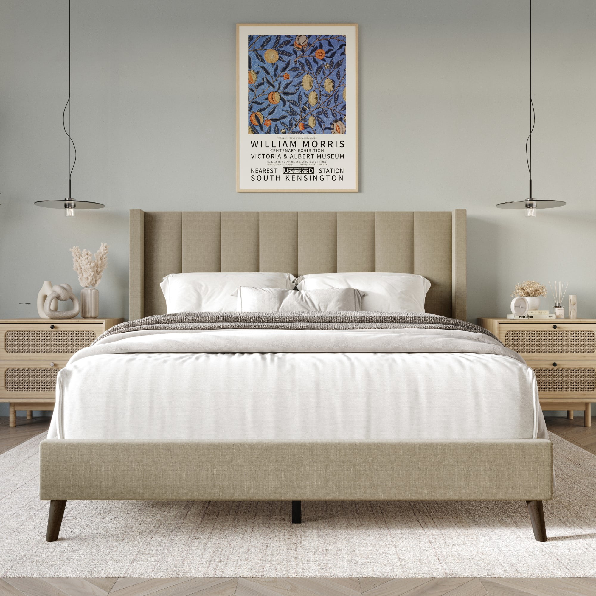 Home Design Cranston Full Upholstered Panel Bed with Wingback Headboard and Vertical Channel Tufting, Dark Beige, Easy Assembly
