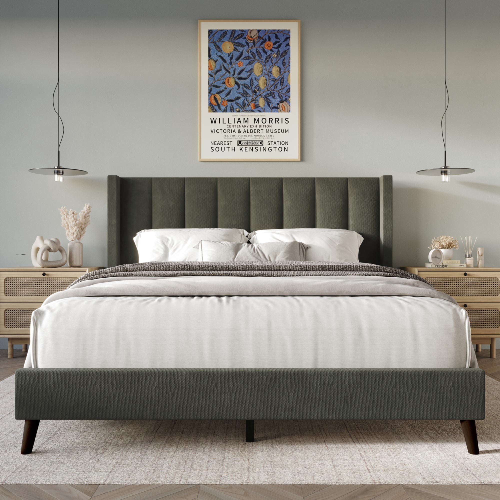 Home Design Cranston King Upholstered Panel Bed with Wingback Headboard and Vertical Channel Tufting, Dark Gray, Easy Assembly