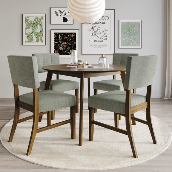 Home Design Cullman 5-Piece Dining Set, Brown/Gray, Round Table with Linen-Upholstered Angled-Back Chairs, Mid-Century Modern Style
