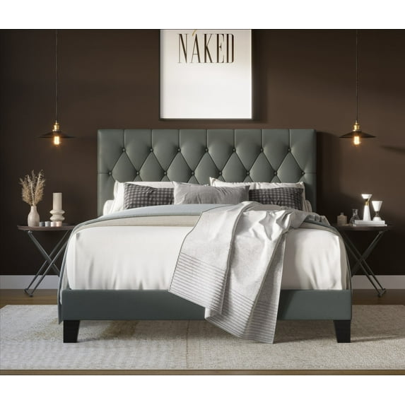 Home Design Daisy Twin Upholstered Platform Bed Frame, PU Gray
