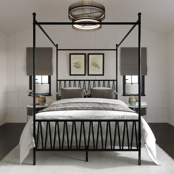 Home Design Dallas Full Metal Canopy Bed with Zigzag Headboard and Under-Bed Storage, Black
