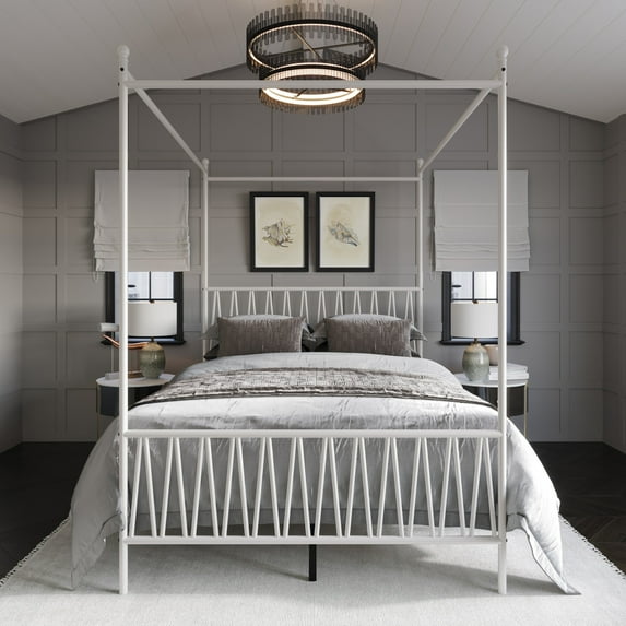 Home Design Dallas Full Metal Canopy Bed with Zigzag Headboard and Under-Bed Storage, White