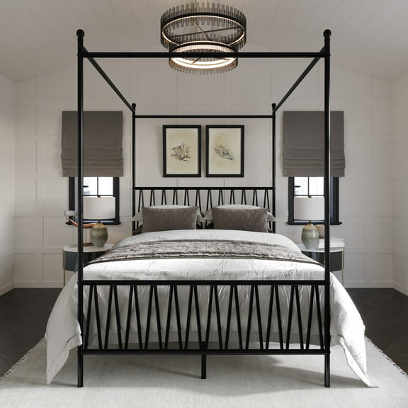 Home Design Dallas King Metal Canopy Bed with Zigzag Headboard and Under-Bed Storage, Black