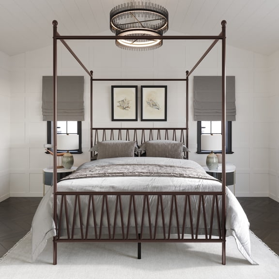 Home Design Dallas King Metal Canopy Bed with Zigzag Headboard and Under-Bed Storage, Brown