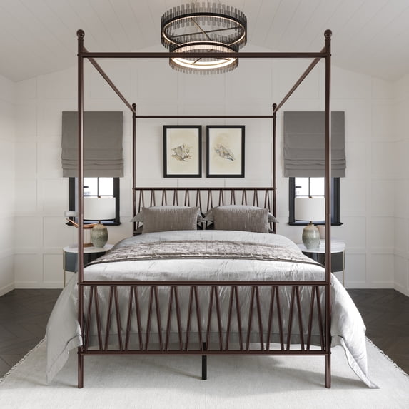 Home Design Dallas King Metal Canopy Bed with Zigzag Headboard and Under-Bed Storage, Brown