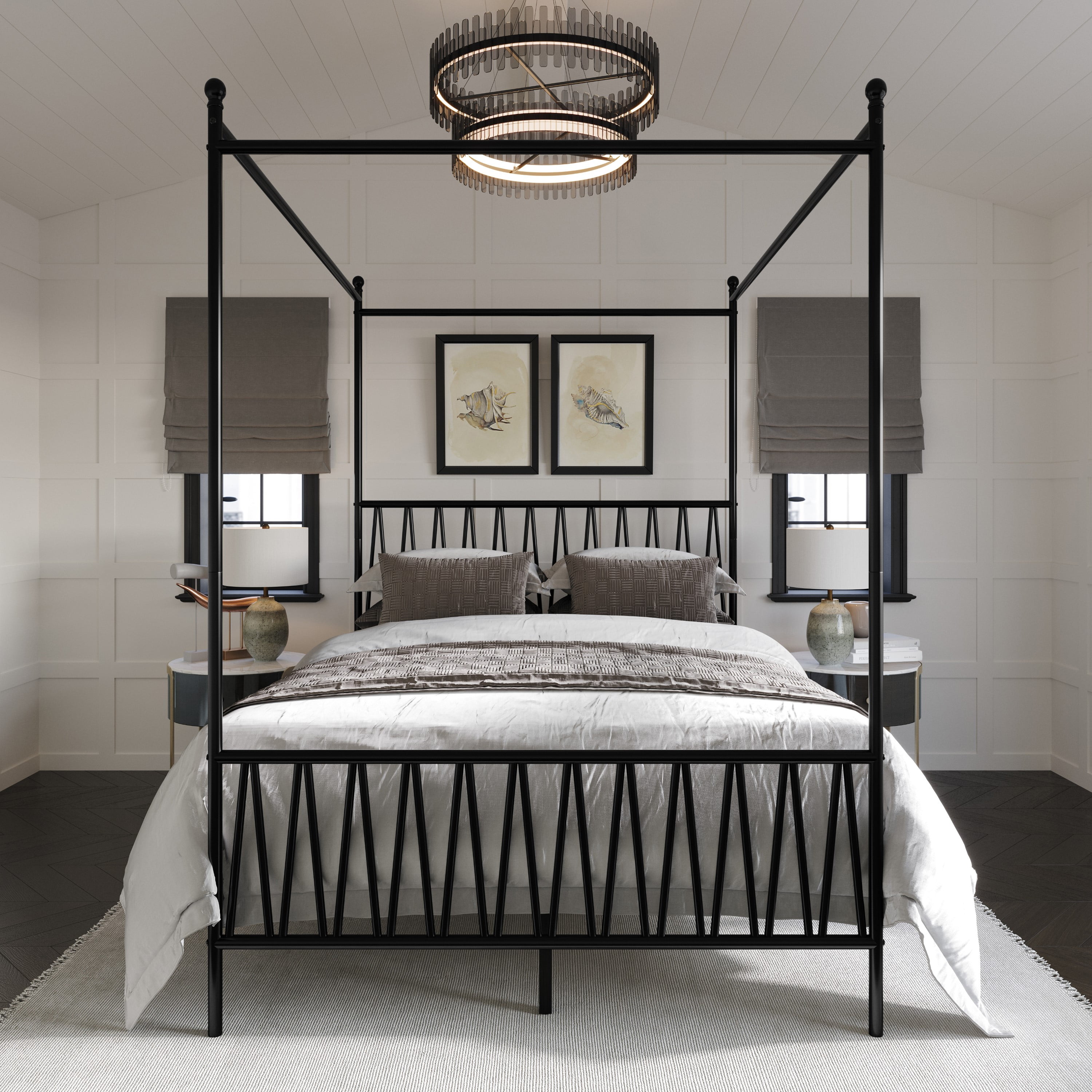 Home Design Dallas Queen Metal Canopy Bed with Zigzag Headboard and Under-Bed Storage, Black
