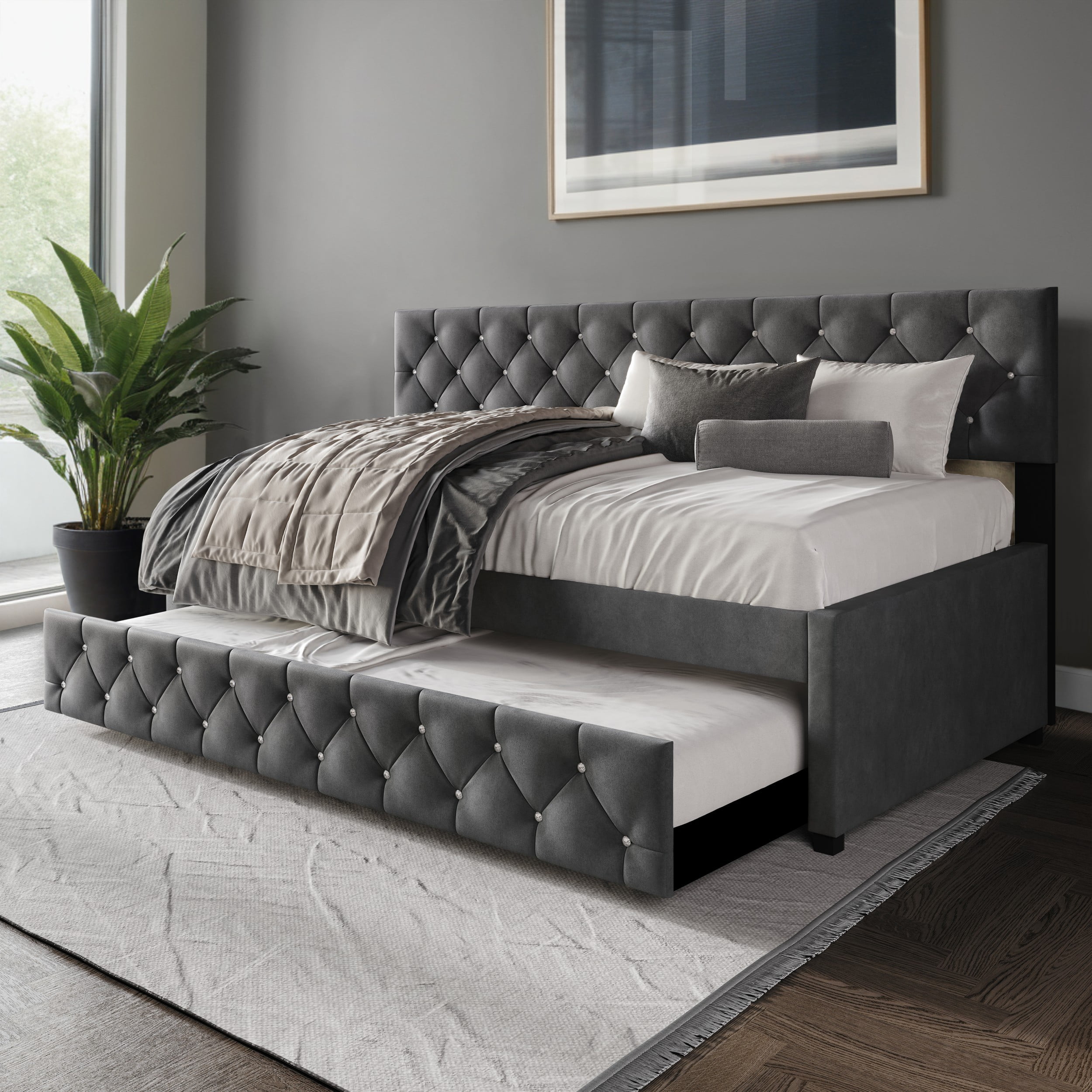 Home Design Darcey Luxurious Velvet Upholstered Daybed with Pull-Out Trundle, Diamond Button Tufted, Dark Gray, Easy Assembly