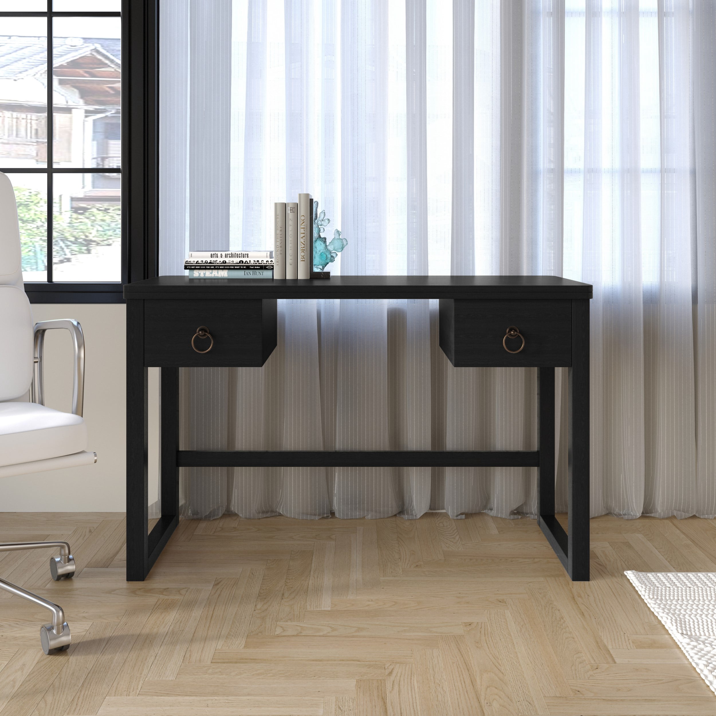 Home Design Dario Writing Desk with Spacious Tabletop and 2 Built-In Drawers, Modern Clean-Lined Design for Home Office, Study Area, or Creative Space, Black