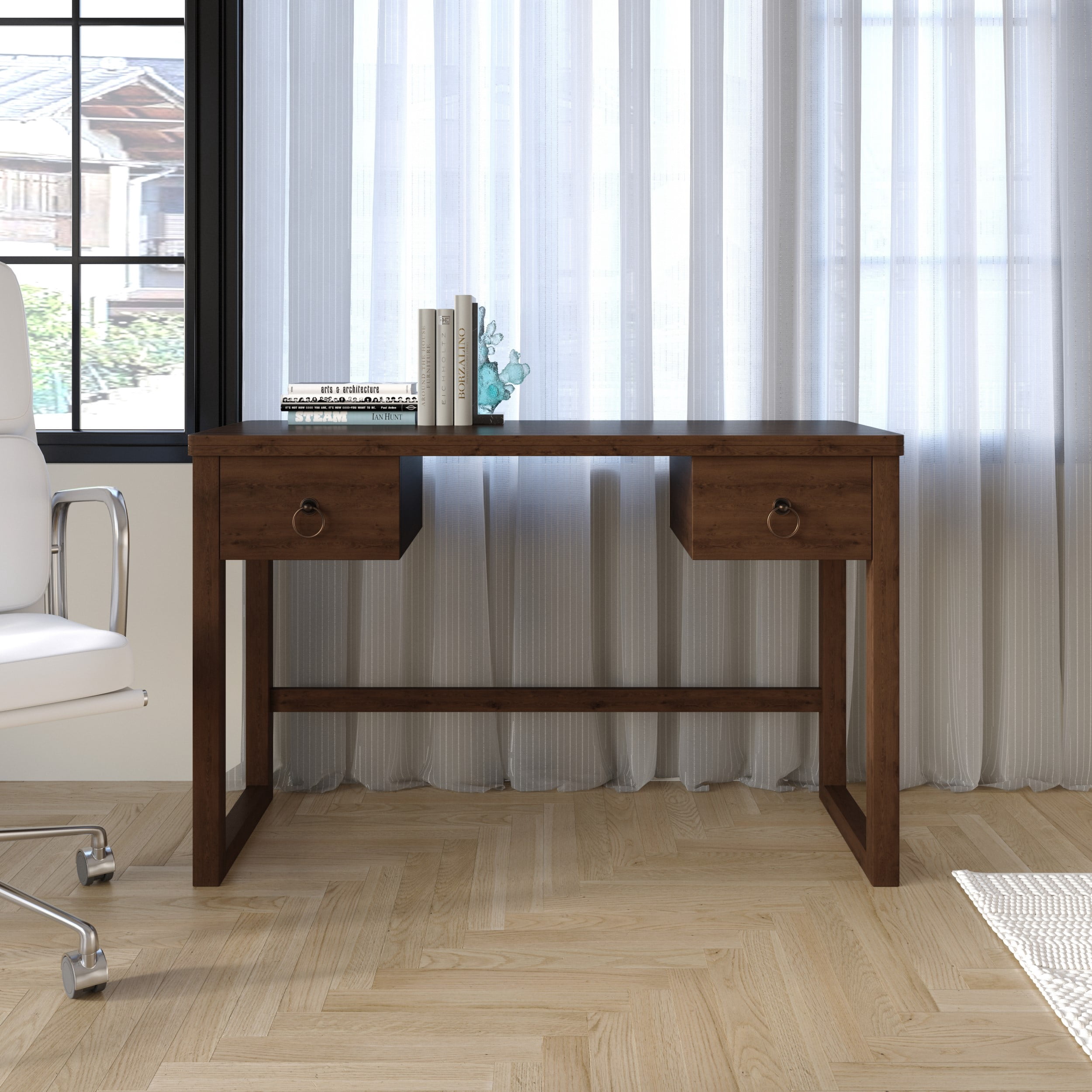 Home Design Dario Writing Desk with Spacious Tabletop and 2 Built-In Drawers, Modern Clean-Lined Design for Home Office, Study Area, or Creative Space, Brown